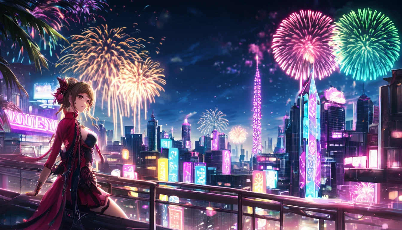 Colorful fireworks bursting across the sky、masterpiece, 最high quality, high quality, Highly detailed CG Unity 8k wallpaper, Fantasy cityscape, Neon lights in the city,