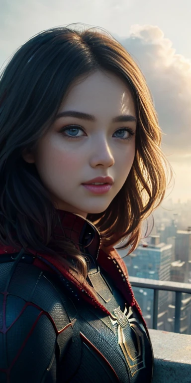 (1girl:1.3), Solo, (((Very detailed face)))), ((Very detailed eyes and face)))), Beautiful detail eyes, Body parts__, Official art, Unified 8k wallpaper, Super detailed, beautiful and beautiful, beautiful, masterpiece, best quality, original, masterpiece, super fine photo, best quality, super high resolution, realistic realism, sunlight, full body portrait, amazing beauty, dynamic pose, delicate face, vibrant eyes, (from the front), She wears Spider-Man suit, red and black color scheme, spider, very detailed city roof background, rooftop, overlooking the city, detailed face, detailed complex busy background, messy, gorgeous, milky white, highly detailed skin, realistic skin details, visible pores, clear focus, volumetric fog, 8k uhd, DSLR, high quality, film grain, fair skin, photo realism, lomography, futuristic dystopian megalopolis, translucent