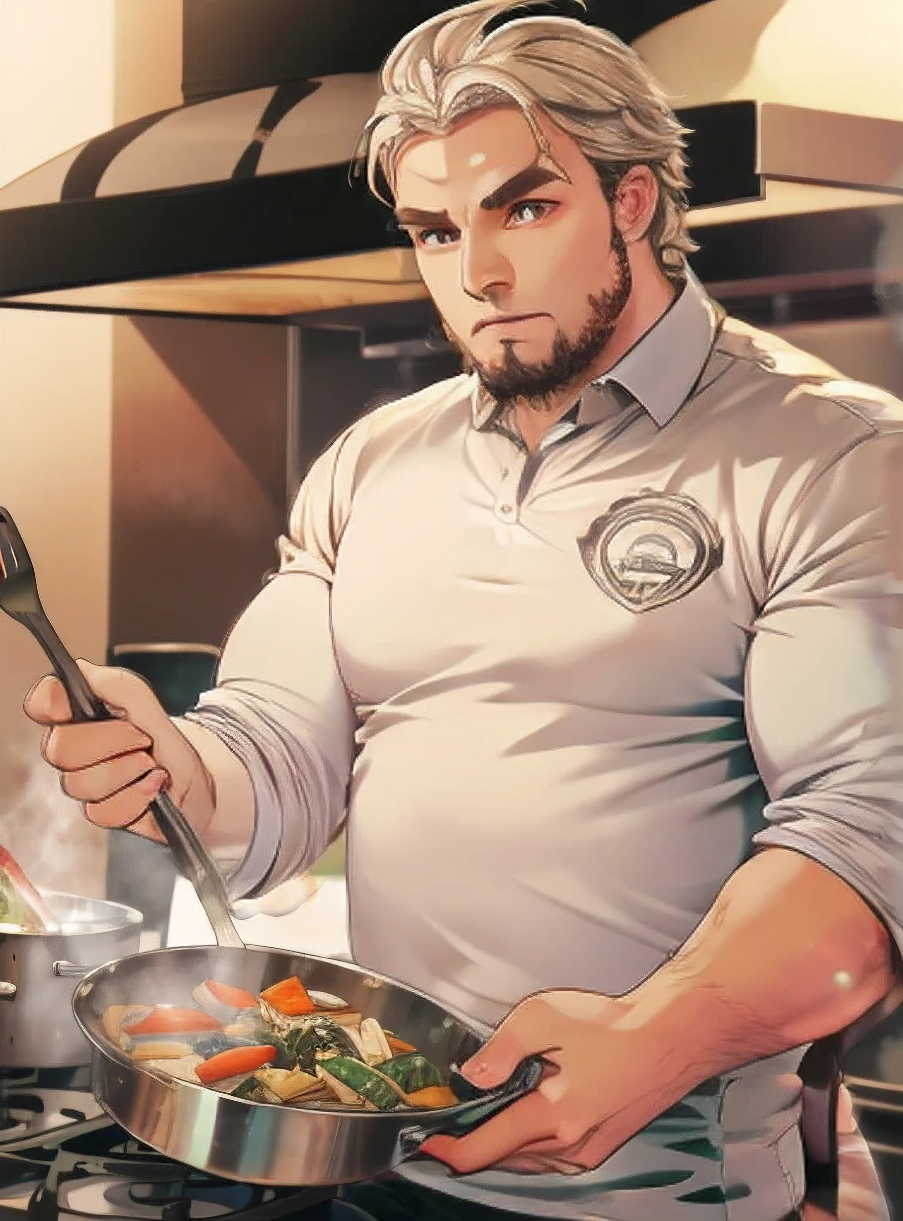"A powerful and seasoned chef,(hombretigre) with bulging muscles, passionately cooking in a vibrant kitchen filled with the aroma of sizzling vegetables, mustached old man, wearing glasses, detailed, high detailed, realistic, perfect hand."