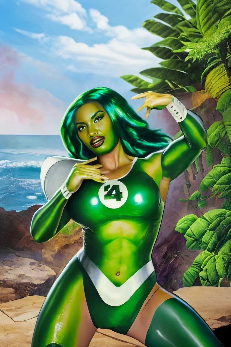 Susan Storm from the fantastic four with green hair and green skin, slutty, busty, beautiful large breasts, by Louis Royo, Boris Vallejo, Frank Frazetta, extreme focus, sharp details, sexy, oily skin, sexy, naughty, dynamic pose, (((((green skin))))), (((green hair)))
