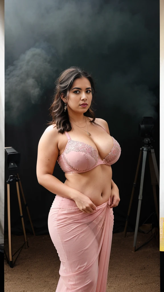 a woman padded different bra and pink, yellow saree,big cheeks, curvy, hourglass figure, swooping breasts, deep cleavage, open arms, sexy armpits,big penis, nipples, ass, necklace, (cinematic:1.3), intricate details, (ArtStation:1.2),a room with a blue wall and two potted plants, stunning arcanum backdrop, dramatic backgroung, portrait photo of a backdrop, still life photo of a backdrop, background atmospheric effects, dirt and smoke background, studio background, photo studio background, dramatic background, smoke filled room, studio backdrop, foggy forrest backdrop, foreground background, volcanic workshop background,