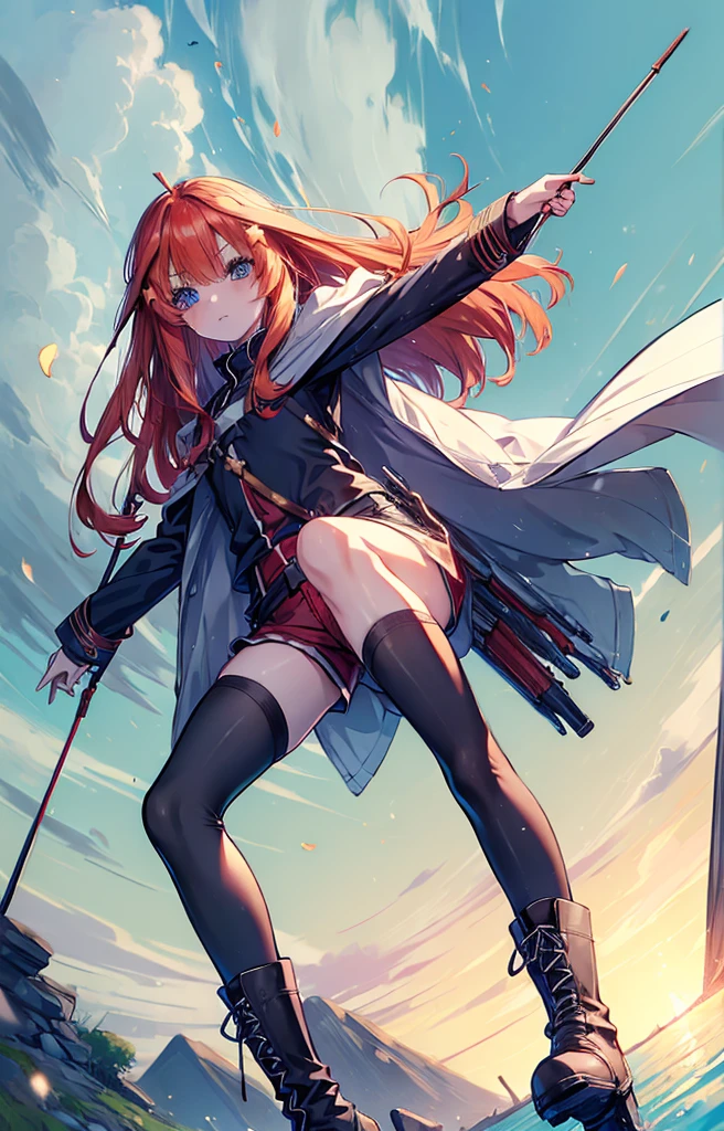 itsukinakano, itsuki nakano, bangs, blue eyes, Hair between the eyes, Redhead, star \(symbol\), hair ornaments, star hair ornaments,Long Hair,Owns an archery grip in the right hand,Carrying an archery bag,He has a quiver on one side, boots, Cape,gloves, red Knee socks, High heels, Shorts, Knee socks,whole bodyがイラストの中に入っていくように,歩いている
break outdoors, forest,forest林, break looking at viewer,whole body, 
break (masterpiece:1.2), Highest quality, High resolution, unity 8k wallpaper, (shape:0.8), (Fine and beautiful eyes:1.6), Highly detailed face, Perfect lighting, Highly detailed CG, (Perfect hands, Perfect Anatomy),