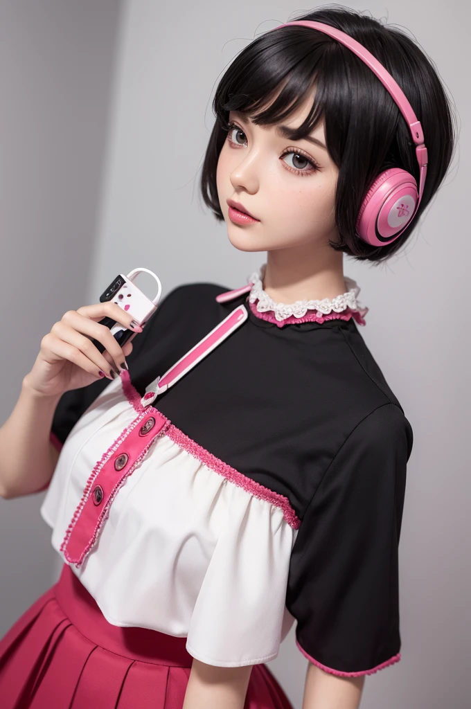 Female doll with short hair "metade black metade vermelho" a earphone "Pink" and a blouse "white" with a star "black