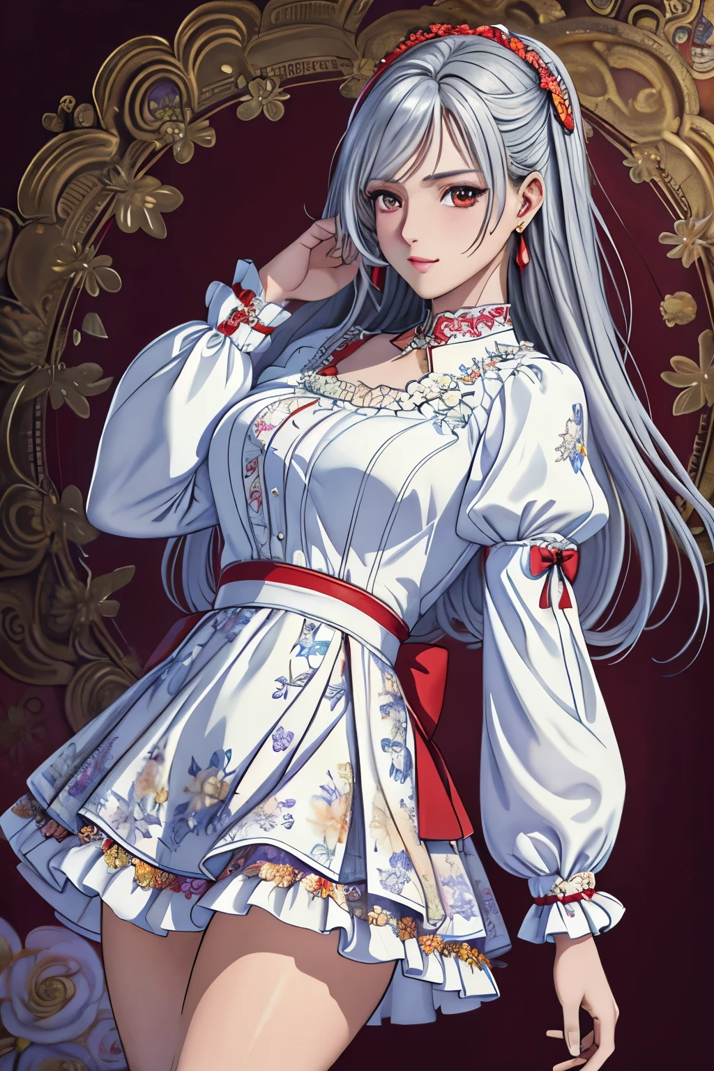 (masterpiece, top-quality, top-quality, Official art, Beautifully Aesthetic:1.2), red eyes, (highest quality, masterpiece painting:1.3), immature woman, , (half body shot), masterpiece, ultra high resolution, (((rainbow dress, ornate dress, puffy sleeves, juliet sleeves, mini skirt, (long sleeves:1.2), red bow,))), Decorative panel, abstract art, (shot from a side angle), (Photoreal:1.0), ((light silver hair)),straight hair, beautiful shining hair, white and shining skin, Painterly, sketch, Texture, 超A high resolution, solo, Beautuful Women, A highly detailed, (Fractal Art:1.1), (colourfull:1.1), (florals:1.6), The most detailed, (Zentangle:1.2), (Dynamic Poses), (Abstract background:1.3), (shinny skin), (Many colors:0.8), (earrings:1.4), (pluma:0.9), Taisho romance, (light_smile:0.8), (Very embarrassed:1.2),