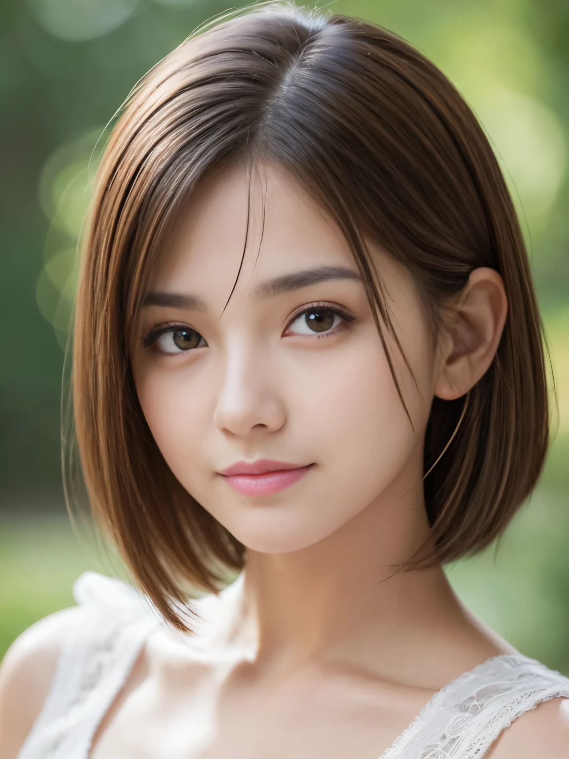(RAW Photos), (Photorealistic), (masterpiece), (Highest quality), High resolution, 8K resolution, (Intricate details), (Light and voluminous), Portraiture, woman, short hair, Straight hair, Layered Hair, Brown Hair, Highly detailed eyes, Very fine eyebrows, Highly detailed skin, Highly detailed mouth, Highly detailed nose, Cute like an idol, smile, ((Thick lips)), ((look into the viewer&#39;Eyes)), (Shapely breasts), (Cleavage), (Elegant see-through blouse), Westshot, Bright cafe terrace background with cityscape view, 