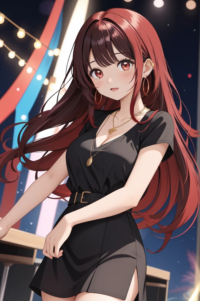 anime panel,upper body, 1girl,solo Korean, long black curly hair with red highlights, red slanted eyes, casual clothes, ear piercing, necklace, hair illuminated by party lights, party background, chic dress,