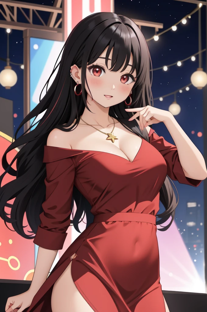 anime panel,upper body, 1girl,solo Korean, long black curly hair with red highlights, red slanted eyes, casual clothes, ear piercing, necklace, hair illuminated by party lights, party background, chic dress,