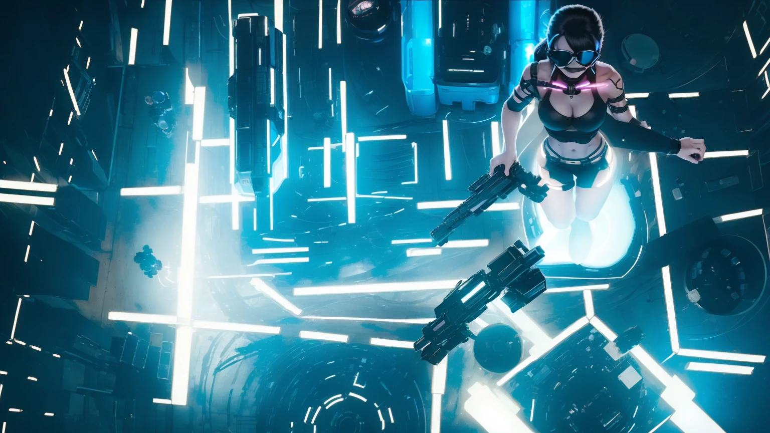 brightly colored abstract (((((aerial view))))) image of a space station with a spiral, epic beautiful space scifi, chaotic cinematic space rift, greg beeple, planets colliding, beeple and tim hildebrandt, beeple and jean giraud, end of the universe, galaxy space sci-fi, ringworld, (((((dark ink))))), by Mike "Beeple" Winkelmann. at night, (((((1girl, solo))))), photo realistic, (((((large-breast:1.1 slim body, cleavage:1.4))))), (((off broken mini sling-shirt and black sling bra, extreamly short white pleated miniskirt, (((micro panty)))))), (((((running pose))))), (((((((matrix style black micro sunglasses))))))), ((((((((((aiming with a short gun)))))))))), (((((looking at camera))))), (((very low view))), (((((half-body thigh level medium shot))))), (((cinematic lighting))).