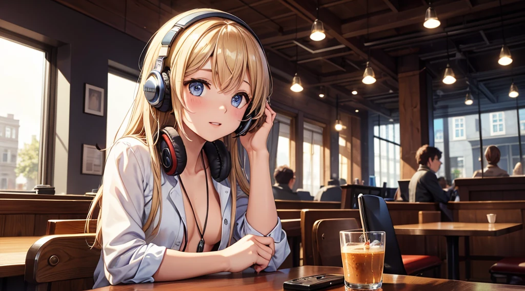Girl with headphones enjoying music in a cafe I am studying Emphasize a little bit of the chest