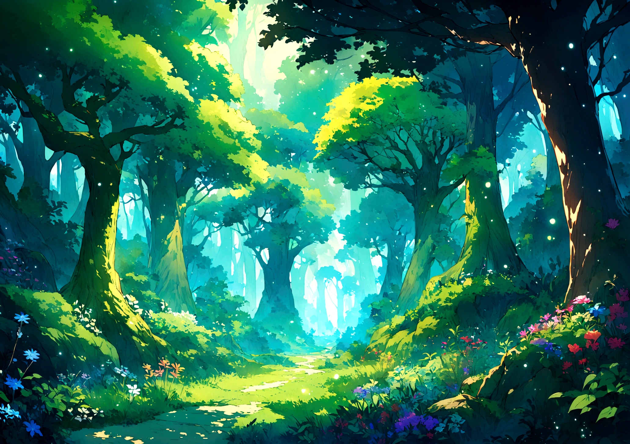 Create a high-quality, highly detailed fantasy-style anime forest scene with vibrant colors and an abundance of green. The forest should be lush and magical, filled with a variety of plants, trees, and foliage in different shades of green. Focus on intricate details such as mystical flora, sparkling streams, and glowing light effects. Ensure there are no characters, just the serene and enchanting scenery, capturing the essence of a tranquil, otherworldly forest. no river