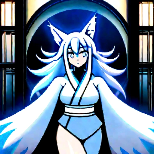 fox Light blue hair beast girl indigo fur fox beast girl fox Light blue hair beast girl indigo fur fox beast girl Wallpaper 4k,8k,highly detailled,,vivid colors,detailed kitsune with 9 tails,traditional Japanese artwork,tatami floor,beautiful cherry blossoms,floating lanterns,dark silhouette of a pagoda,subtle moonlight,dense forest,ethereal atmosphere,dappled sunlight,whimsical spirit,serene expression,elaborate kimono and obi,delicate hand-painted details,luminous eyes Anime Style fox blue White-faced golden-haired nine-tailed fox Coat blue mysterious background Blue Flame girl have a ball of light Anime Style fox blue White-faced golden-haired nine-tailed fox Coat blue mysterious background Blue Flame girl have a ball of light