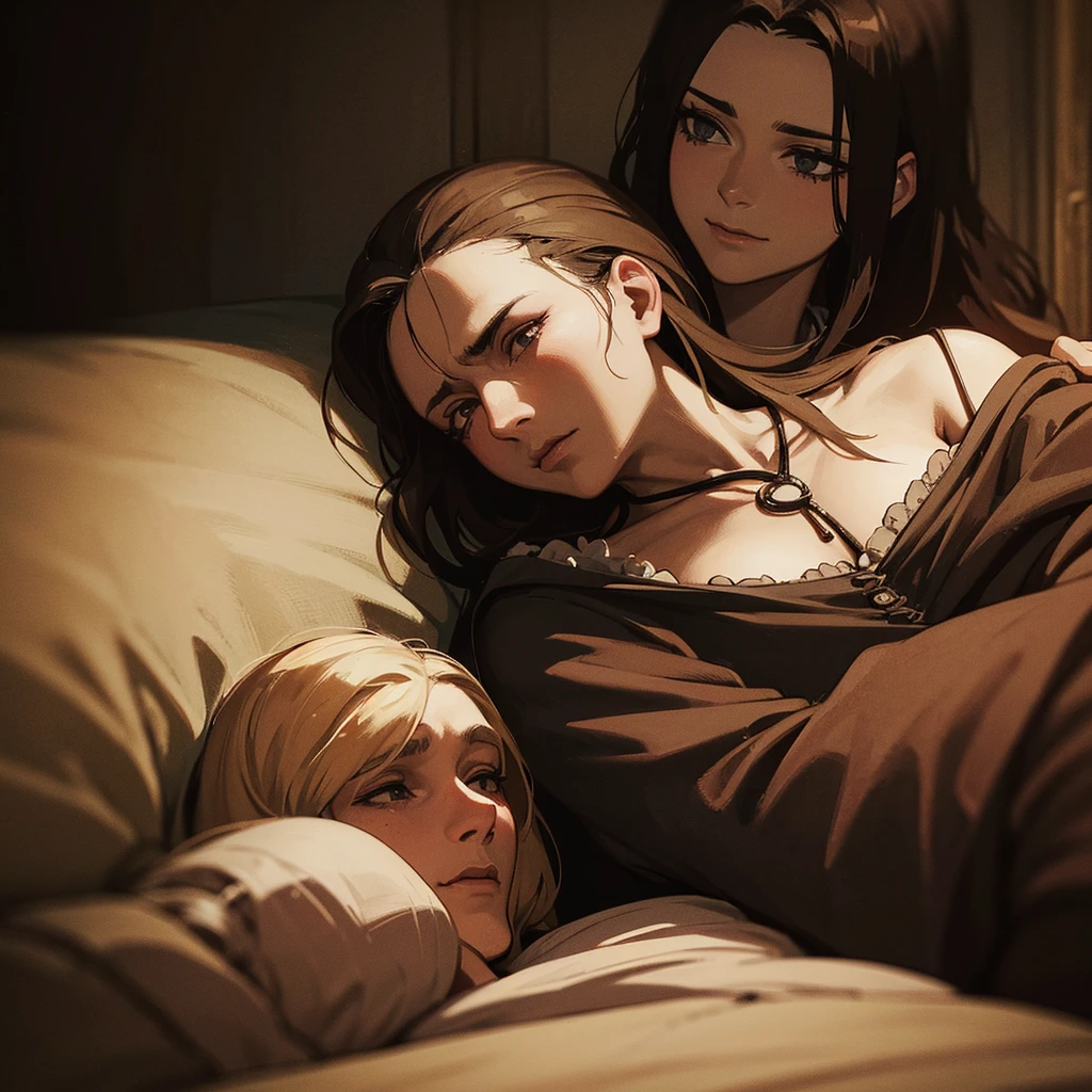a man in bed surrounded by two old women, detailed facial features, high quality, photorealistic, dark lighting, moody, dramatic, cinematic, dramatic lighting, chiaroscuro, gothic, renaissance style