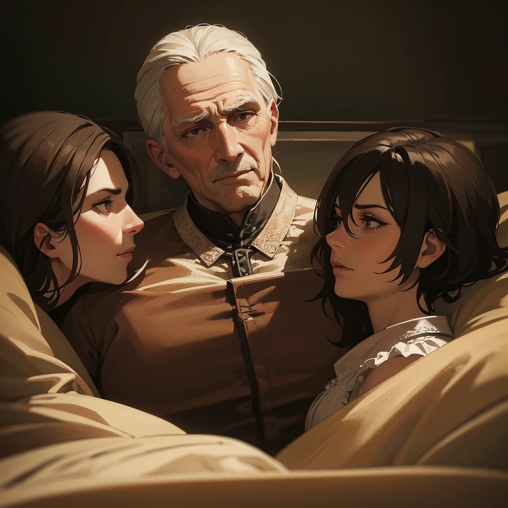 a man in bed surrounded by two old women, detailed facial features, high quality, photorealistic, dark lighting, moody, dramatic, cinematic, dramatic lighting, chiaroscuro, gothic, renaissance style