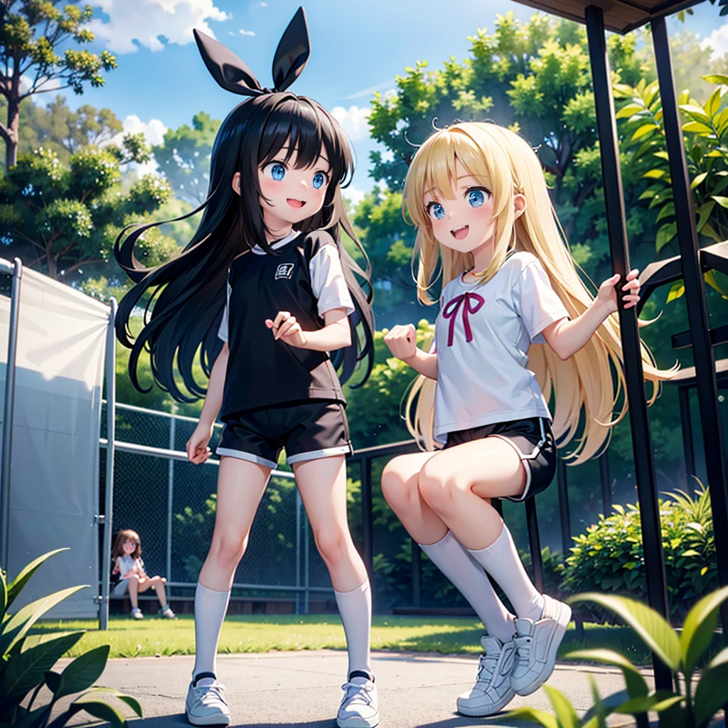 10 and 8 year old girls、blonde, Long Hair, blue eyes, Black Hair Ribbon, white shorts, Black leggings, Happy, Hilarious, Day, outside, White shoes, flat, short, Playing on the jungle gym in the park