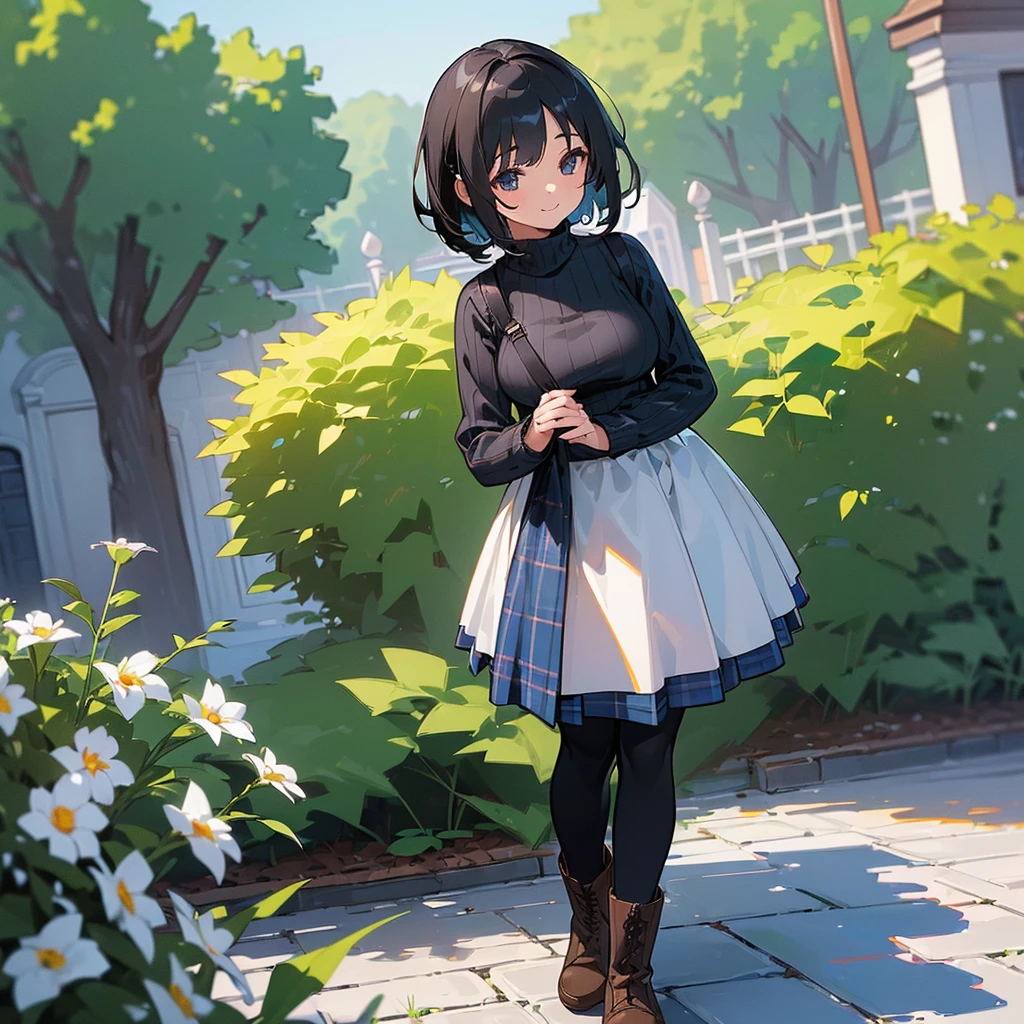(high quality, High resolution, Very detailed, 8K, reality:1.37), Peaceful atmosphere, (Outdoor, garden), age girl standing alone, (my breasts are big.), Beautiful and detailed features, Cute Smile, (Black bob hair), Ribbed sweater, Blue plaid skirt, black tights, Brown boots.