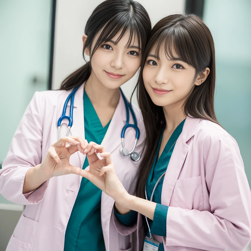 ((2 girls side by side Heart Hands)), Beautiful Japanese female doctor wearing (white labcoat) and teal scrubs with cute Japanese female nurse wearing pink nurse uniform , beautiful detailed face, Japanese woman, pale skin, realistic skin, detailed cloth texture, detailed hair texture, Perfect proportion, Beautiful Face, accurate, Anatomically correct, Highly detailed face and skin texture , looking at viewer