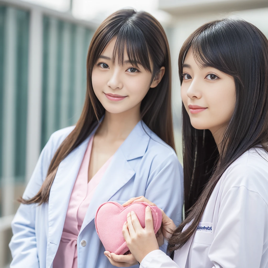 ((2 girls side by side Heart Hands)), Beautiful Japanese female doctor wearing (white labcoat) and teal scrubs with cute Japanese female nurse wearing pink nurse uniform , beautiful detailed face, Japanese woman, pale skin, realistic skin, detailed cloth texture, detailed hair texture, Perfect proportion, Beautiful Face, accurate, Anatomically correct, Highly detailed face and skin texture , looking at viewer