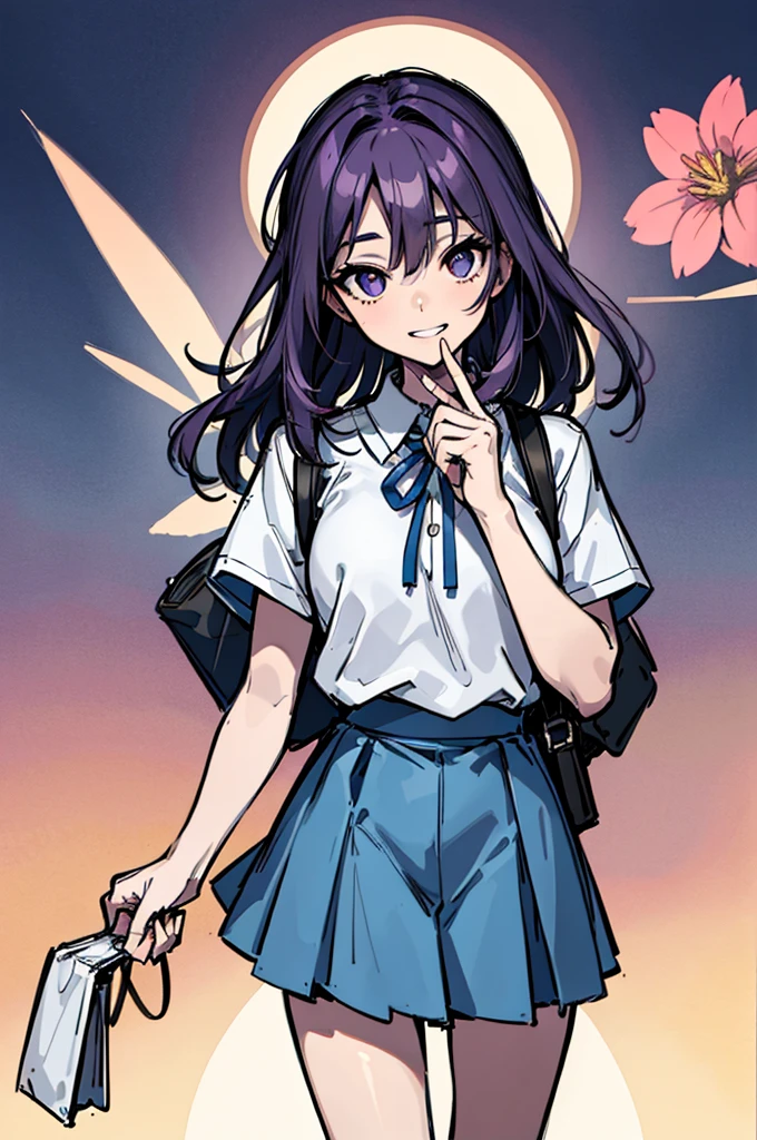 (absurdres, 8k, 4k, masterpiece, hyper extreme detailed:1.2), solo, 1girl, front view, perfect face, 1girl, portrait, looking at viewer, solo, standing, Female, Mature Female, expressive eyes, perfect face, dark purple hair, 1girl, messy hair, perfect anatomy, adult, standing, straight hair, pale, full body, medium hair, perfect anatomy, friendly, happy, good, good natured, kind, kindhearted, understanding, honesty, integrity, empathy, empathic, smile, nice, happy, expressive, cute, caring, Compassionate, Humility, Integrity, Forgiveness, forgiving, sparkling eyes, expressive eyes, hair covering forehead, swept bangs, medium bust, t-shirt, cute outfit, blue skirt, wholesome, Patience, love, loving, Generous, savior, saint, saintly, devoted, selfless, Positive, Encouraging, polite, courage, courageous, Considerate, unselfish, Diligent, warm, welcoming, Temperate, Cooperative, faithful, Imaginative, Fairness, fair, perfect, normal, 1girl, cutesy, pins, hairpins, bedroom background, colorful, backpack, flowers, flowers in hair, slender, slim, beautiful, wonderful, college student, warm smile, clasped hands, tilted head, hope, integrity, inspiring, benevolent, huggable, cute outfit, cute bag,