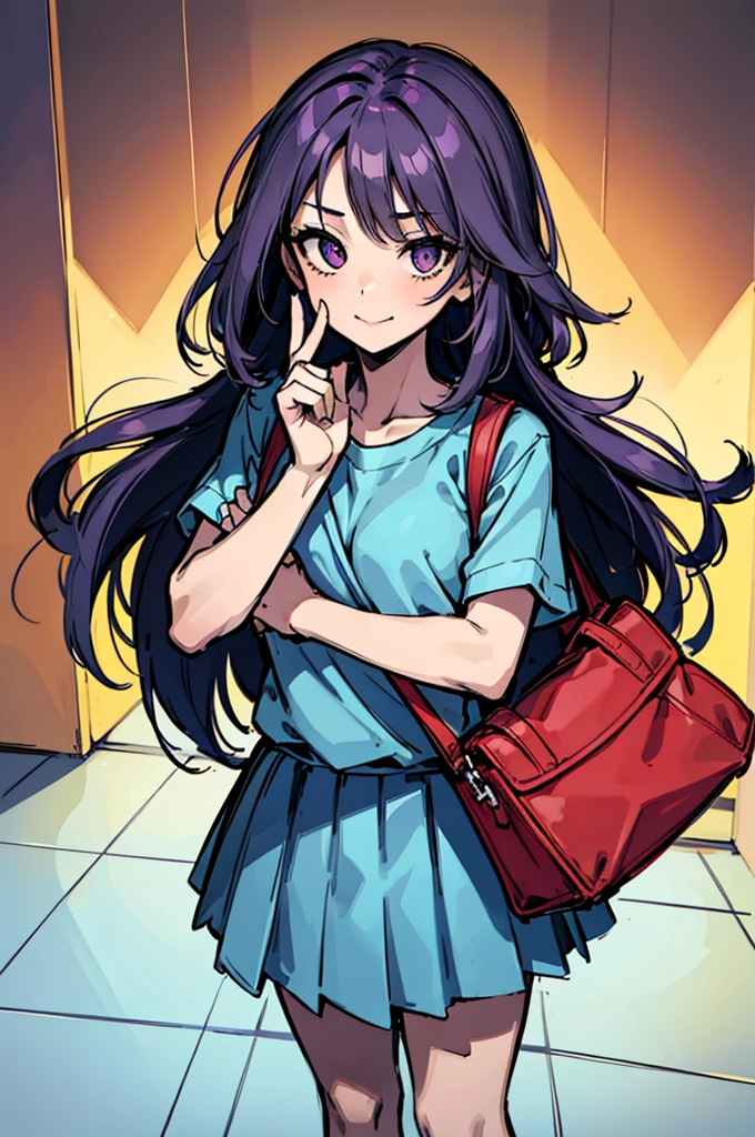 (absurdres, 8k, 4k, masterpiece, hyper extreme detailed:1.2), solo, 1girl, front view, perfect face, 1girl, portrait, looking at viewer, solo, standing, Female, Mature Female, expressive eyes, perfect face, dark purple hair, 1girl, messy hair, perfect anatomy, adult, standing, straight hair, pale, full body, medium hair, perfect anatomy, friendly, happy, good, good natured, kind, kindhearted, understanding, honesty, integrity, empathy, empathic, smile, nice, happy, expressive, cute, caring, Compassionate, Humility, Integrity, Forgiveness, forgiving, sparkling eyes, expressive eyes, hair covering forehead, swept bangs, medium bust, t-shirt, cute outfit, blue skirt, wholesome, Patience, love, loving, Generous, savior, saint, saintly, devoted, selfless, Positive, Encouraging, polite, courage, courageous, Considerate, unselfish, Diligent, warm, welcoming, Temperate, Cooperative, faithful, Imaginative, Fairness, fair, perfect, normal, 1girl, cutesy, pins, hairpins, bedroom background, colorful, backpack, flowers, flowers in hair, slender, slim, beautiful, wonderful, college student, warm smile, clasped hands, tilted head, hope, integrity, inspiring, benevolent, huggable, cute outfit, cute bag,

