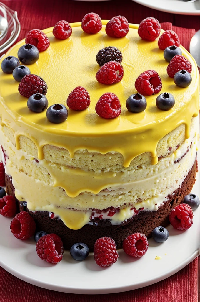 Create a piece of cake where the bottom is chocolate and the top is normal yellow custard with red berries. 