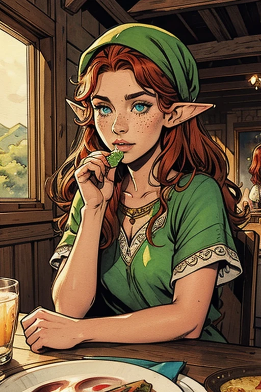 (water colour: 1.2), elf princess, flowers, freckles, bangss, redheadwear, long hair, greeneyes, hair between the eyes in a rustic castle dining room, eating to your heart&#39;s content,Comic scene, gazing at viewer, flowers brincos, nblurry background, high resolution