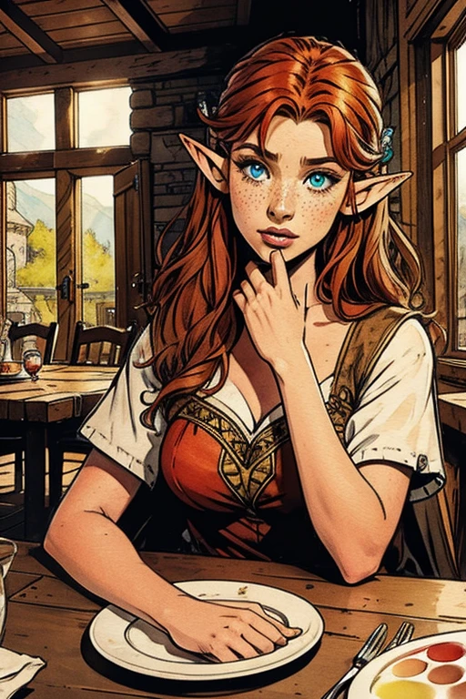 (water colour: 1.2), elf princess, flowers, freckles, bangss, redheadwear, long hair, greeneyes, hair between the eyes in a rustic castle dining room, eating to your heart&#39;s content,Comic scene, gazing at viewer, flowers brincos, nblurry background, high resolution