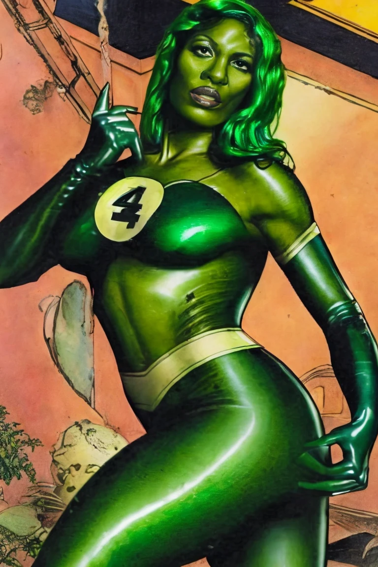 Susan Storm from the fantastic four with green hair and green skin, slutty, busty, beautiful large breasts, by Louis Royo, Boris Vallejo, Frank Frazetta, extreme focus, sharp details, sexy, oily skin, sexy, naughty, dynamic pose, (((((green skin))))), (((green hair)))
