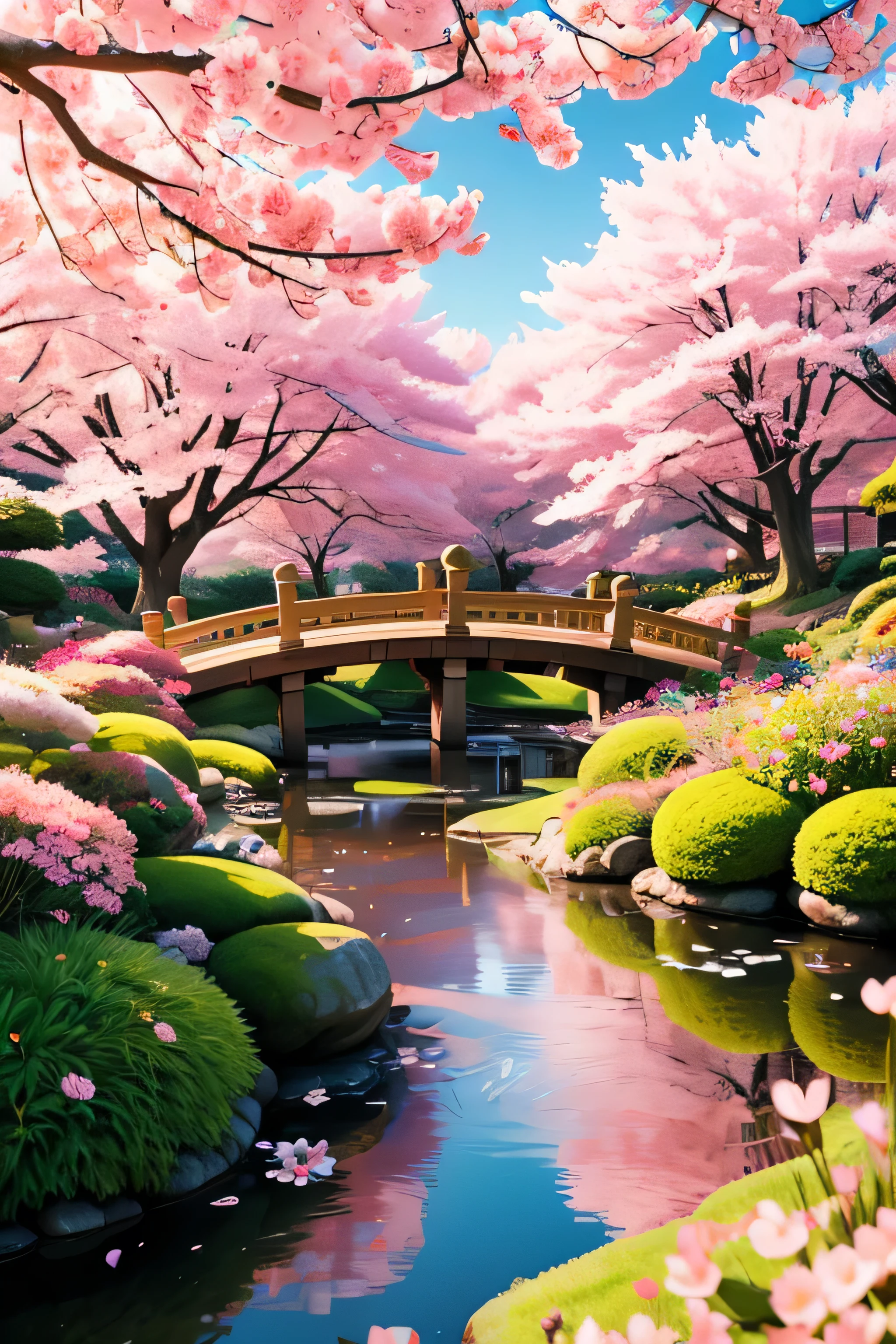 A vibrant daytime scene in a Japanese garden during cherry blossom season. The garden is filled with blooming cherry trees with pink petals gently falling to the ground. There are stone lanterns, a traditional wooden bridge over a small pond with koi fish, and well-maintained paths winding through lush greenery. The sunlight is bright, creating a cheerful and serene atmosphere. The image should be in a 6:19 aspect ratio for TikTok and have a photo-realistic touch.

