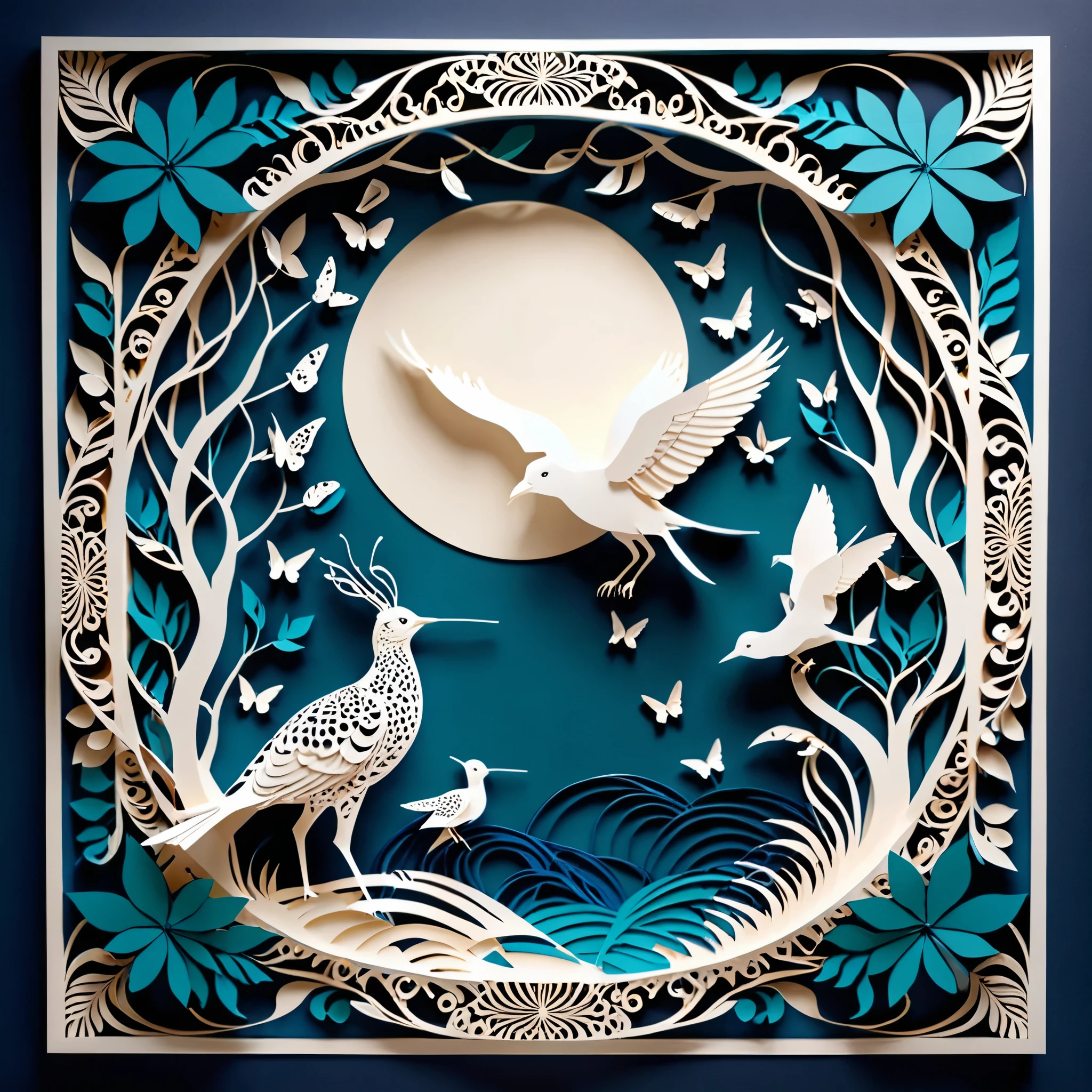 Create a detailed paper cutout artwork depicting a scene that combines intricate patterns with various creatures. The scene should include a harmonious blend of elaborate, decorative patterns interwoven with animals such as birds, fish, butterflies, and other creatures. The patterns should complement the forms and movements of the animals, creating a seamless integration between the natural and the abstract. The artwork should evoke a sense of wonder and intricacy, highlighting the beauty and complexity of both the patterns and the creatures. The overall mood should be artistic and enchanting, capturing the elegance of nature through detailed design