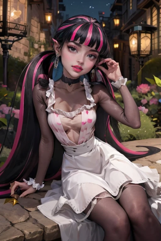 1 girl, a girl with bat wings, holding a red rose, succubus, a red roses on focus, red roses, black hair, pink hair, multicolored hair, bat choker, necklace, centered, bat jewelry, gothic scenery, Pink bat Jewelry, smile, vampire fangs, (looking at viewer), Draculaura_MH, wavy hair, solo, red roses, ornament hair, pink roses on her hair, bat ears on the top of the head, a vampire girl, holding a red rose, perfectly body, perfectly hands, pink hair, flowing hair, short hair, laying down on a grass, chinese garden style, oriental garden, a lake with white carpas on the background, gold lantern, black dress, chinese black dress, a dress with layers, short skirt, more details on her clothes, laying down, golden details, night, smiling, pink dress, garden scene, cowboy shot, luxury, gold details on her clothes, 1girl, dress, jewelry, maid clothes, maid, maid dress, maid apron, maid headdress, white apron, solo, black dress, gold lantern, Chinese style, Chinese lanterns, Chinese maid dress, laying down on the grass, black gloves, black socks, white laces, pink shoes, gold details on her clothes, cat ears, animal ears, garden, roses, more details, best quality