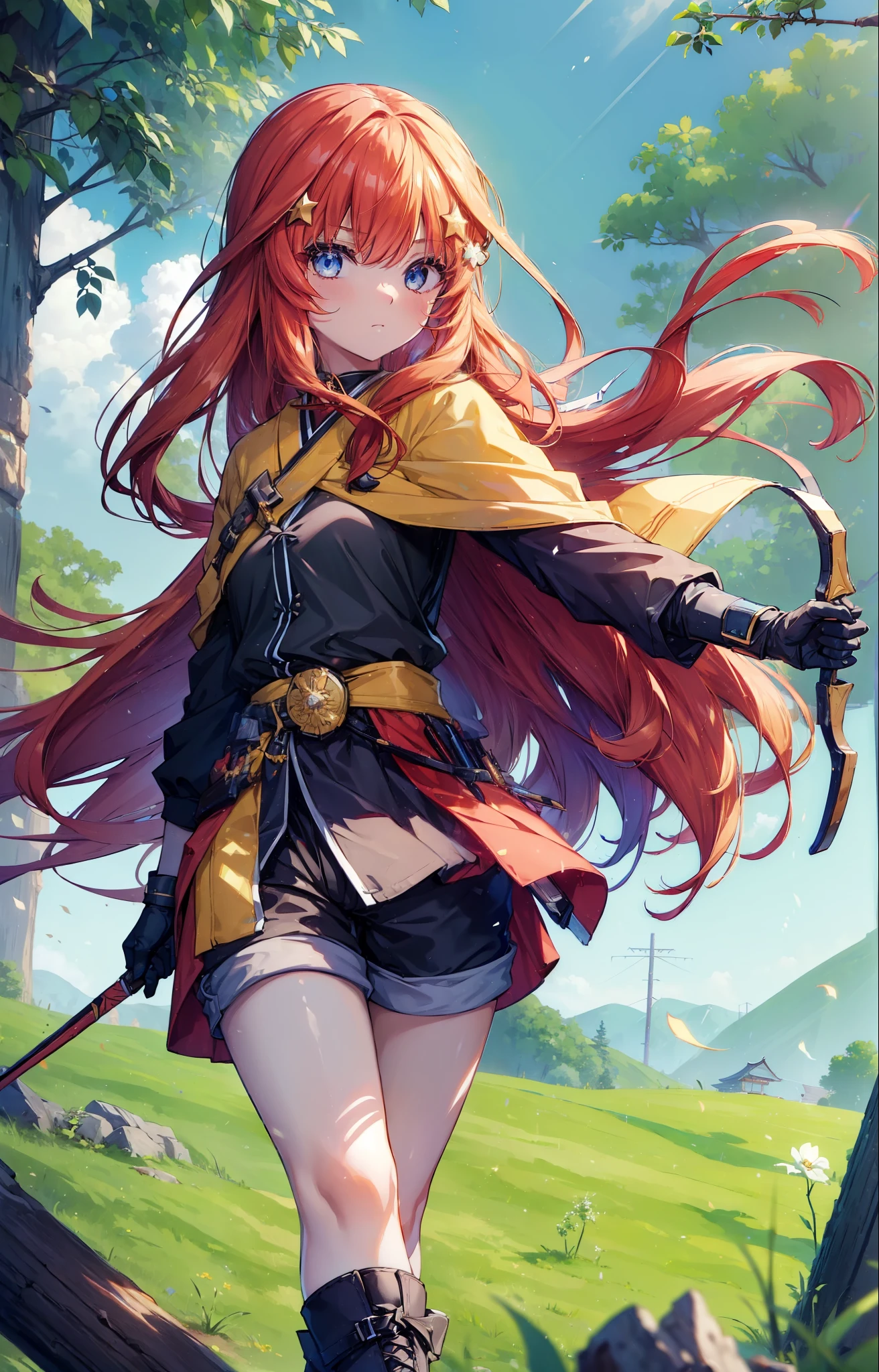 itsukinakano, itsuki nakano, bangs, blue eyes, Hair between the eyes, Redhead, star \(symbol\), hair ornaments, star hair ornaments,Long Hair,Owns an archery grip in the right hand,Carrying an archery bag,He has a quiver on one side, boots, Cape,gloves, red Knee socks, High heels, Shorts, Knee socks,whole bodyがイラストの中に入っていくように,歩いている
break outdoors, forest,forest林, break looking at viewer,whole body, 
break (masterpiece:1.2), Highest quality, High resolution, unity 8k wallpaper, (shape:0.8), (Fine and beautiful eyes:1.6), Highly detailed face, Perfect lighting, Highly detailed CG, (Perfect hands, Perfect Anatomy),