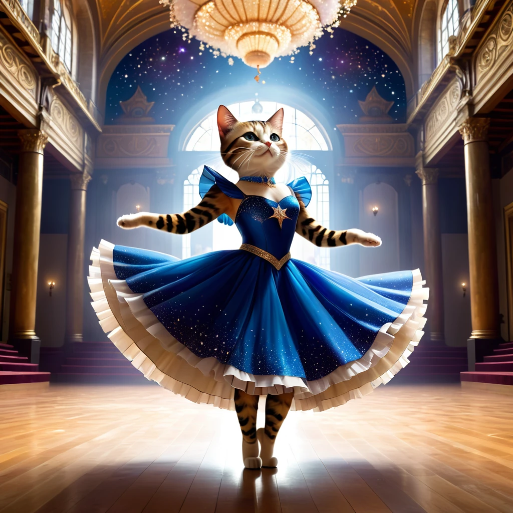 A cat who wears a thousand-piece skirt dancing and cheering in the middle of a royal hall. saia flutuante, Twist Style Flower, Surreal and mystical scenes, sentindo-se leve e flutuante, magnificence, beleza e ternura, Shimmy, osso da beleza, colarinho aberto, Dance com Universo e Estrelas, illusion neckline, No Straps, Ombros, rosto natural