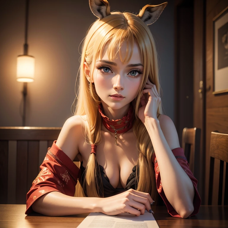 Woman with very long neck sitting at a table, next to her stands a giraffe, long neck, Anna Nikonova alias Newmilky, real realistic picture, Portrait shot, attractive girl, photo taken with nikon d750, realistic art.