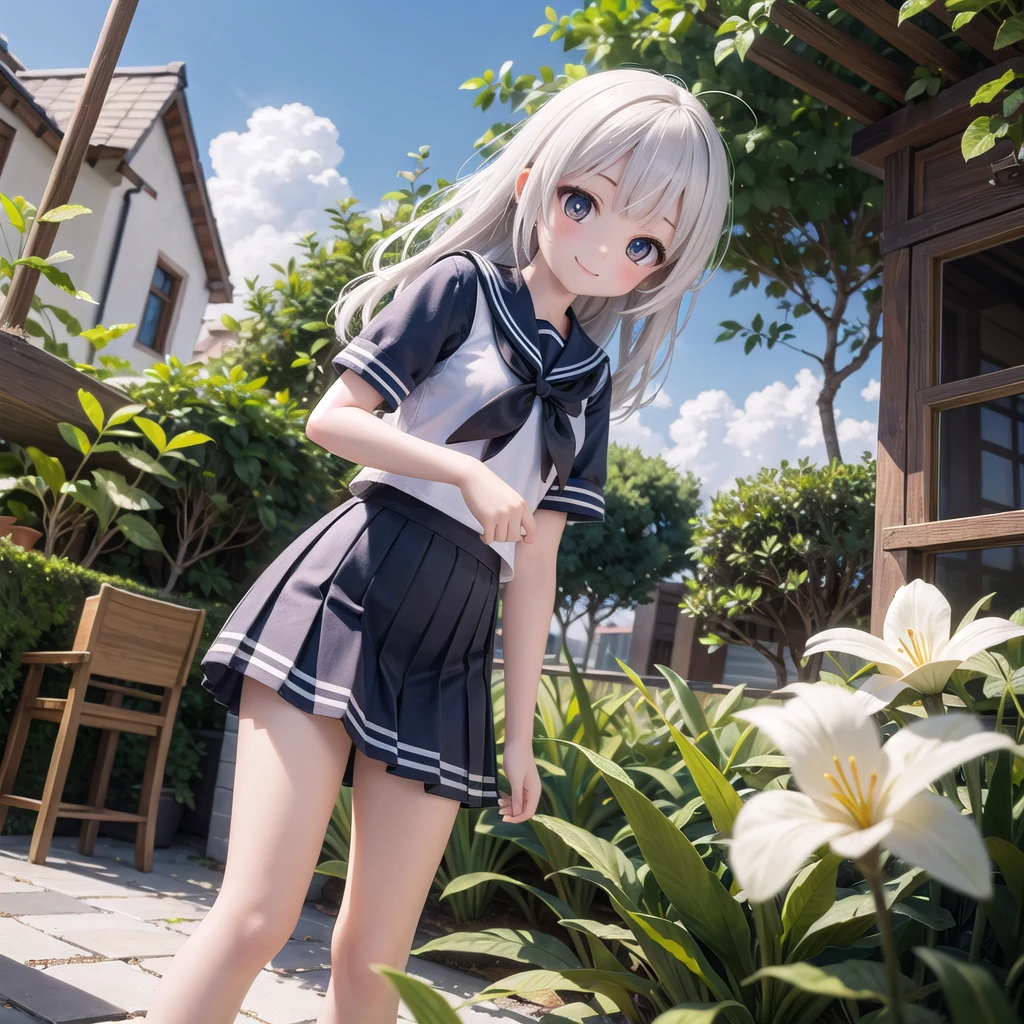 (masterpiece),  town,  blue sky,  One Girl,  smile,  alone,  Sailor suit、Below the knee skirt,  Overgrown,  petal,  plant、Skirt lining、Translucent slip