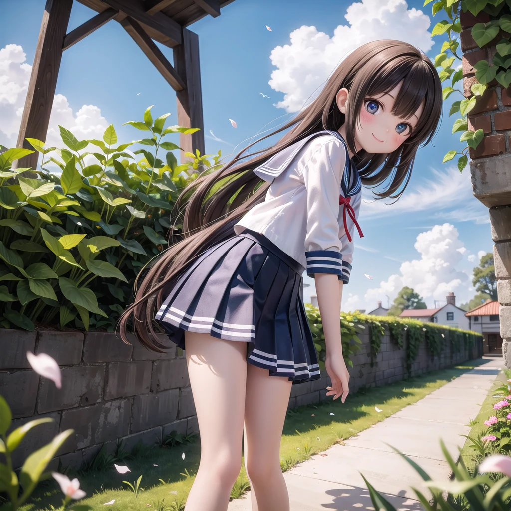 (masterpiece), town, blue sky, One Girl, smile, alone, Sailor suit、Below the knee skirt, Overgrown, petal, plant、Skirt lining、Translucent slip