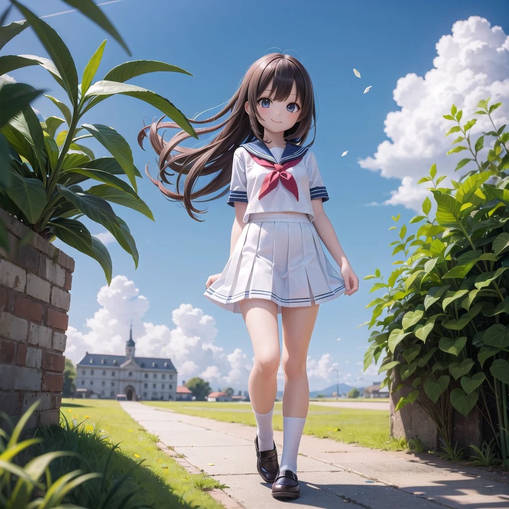 (masterpiece),  town,  blue sky,  One Girl,  smile,  alone,  Sailor suit、Below the knee skirt,  Overgrown,  petal,  plant、Skirt lining、Translucent slip