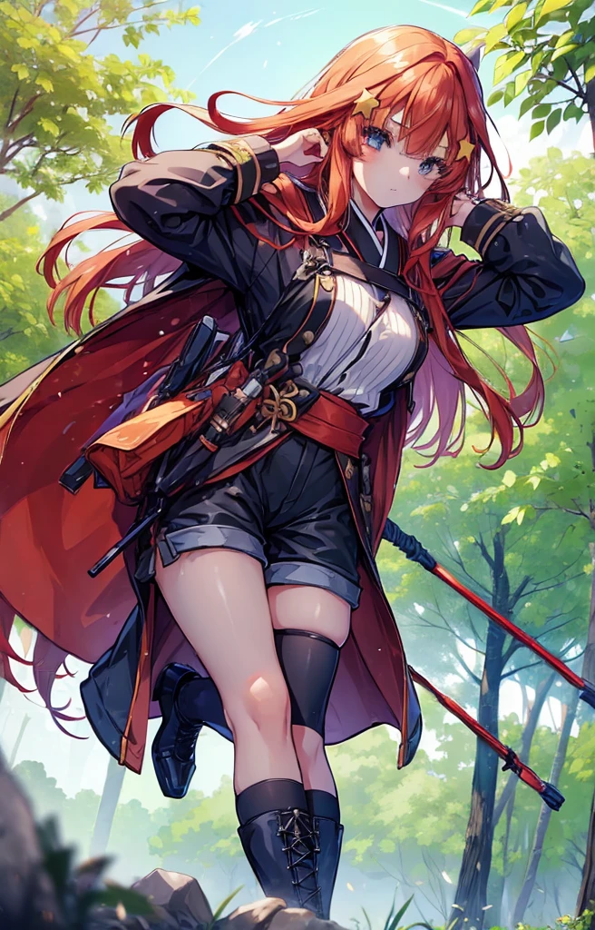 itsukinakano, itsuki nakano, bangs, blue eyes, Hair between the eyes, Redhead, star \(symbol\), hair ornaments, star hair ornaments,Long Hair,Owns an archery grip in the right hand,Carrying an archery bag,He has a quiver on one side, boots, Cape,gloves, red Knee socks, High heels, Shorts, Knee socks,whole bodyがイラストの中に入っていくように,歩いている
break outdoors, forest,forest林, break looking at viewer,whole body, 
break (masterpiece:1.2), Highest quality, High resolution, unity 8k wallpaper, (shape:0.8), (Fine and beautiful eyes:1.6), Highly detailed face, Perfect lighting, Highly detailed CG, (Perfect hands, Perfect Anatomy),