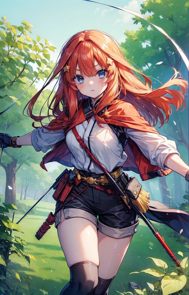 itsukinakano, itsuki nakano, bangs, blue eyes, Hair between the eyes, Redhead, star \(symbol\), hair ornaments, star hair ornaments,Long Hair,Owns an archery grip in the right hand,Carrying an archery bag,He has a quiver on one side, boots, Cape,gloves, red Knee socks, High heels, Shorts, Knee socks,whole bodyがイラストの中に入っていくように,歩いている
break outdoors, forest,forest林, break looking at viewer,whole body,
break (masterpiece:1.2), Highest quality, High resolution, unity 8k wallpaper, (shape:0.8), (Fine and beautiful eyes:1.6), Highly detailed face, Perfect lighting, Highly detailed CG, (Perfect hands, Perfect Anatomy),