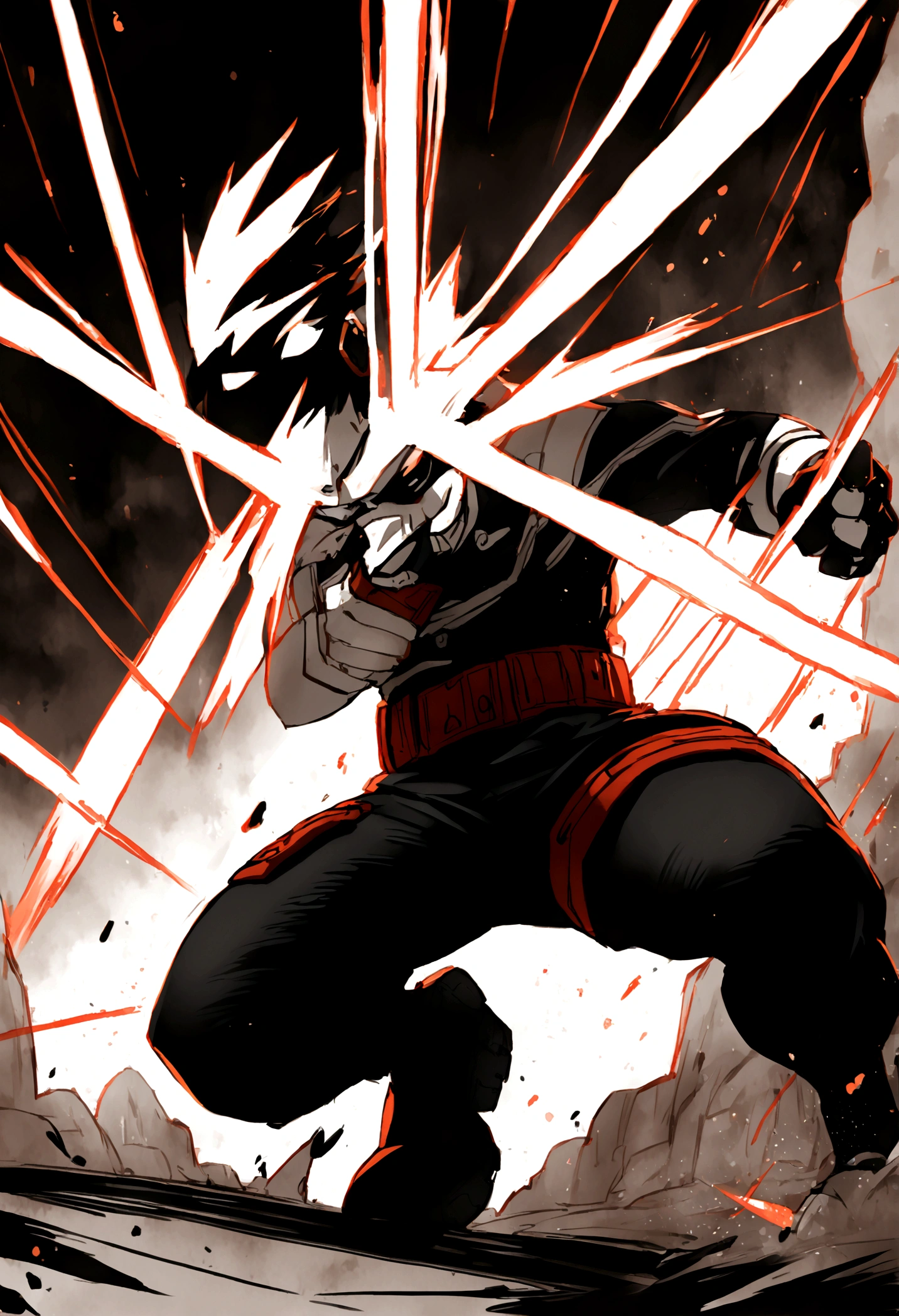 my hero academia character, male, in combat, action shot, high contrast