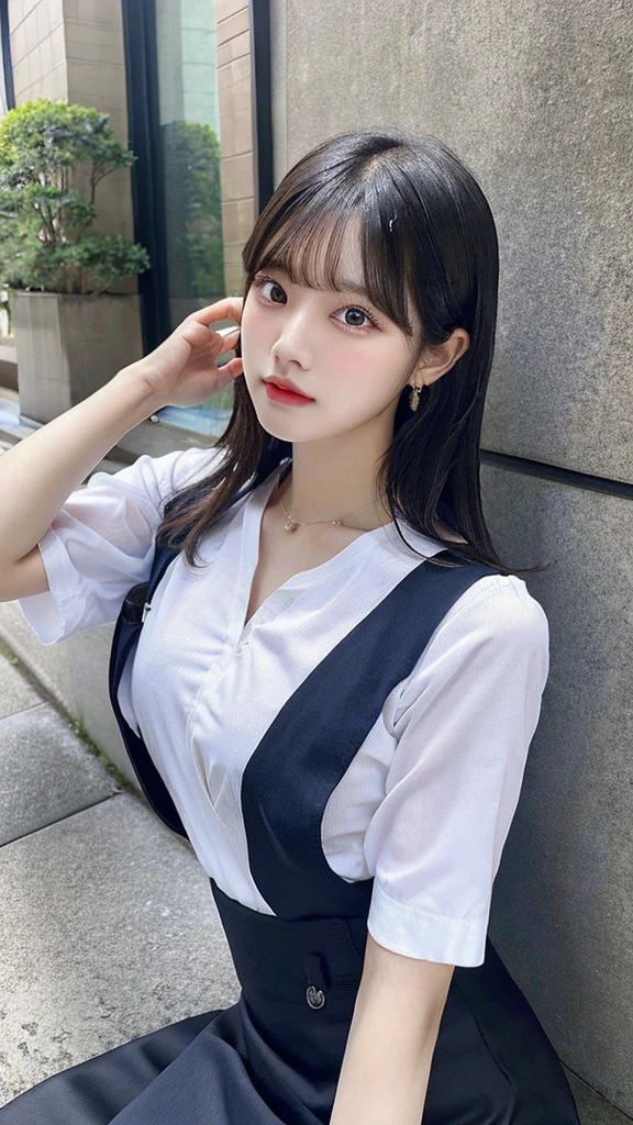 Blackpink&#39;s Kim Jennie with black hair, pale skin, japanese, con cara de doll, large eyes, fat and round lips, ojos de doll (doll), with black eyes, big chest.
blue shirt, thin straps, prominent neckline and big chest.
Black hair Sitting with view from above Provocative pose Japanese Little clothes, only shirt and skirt