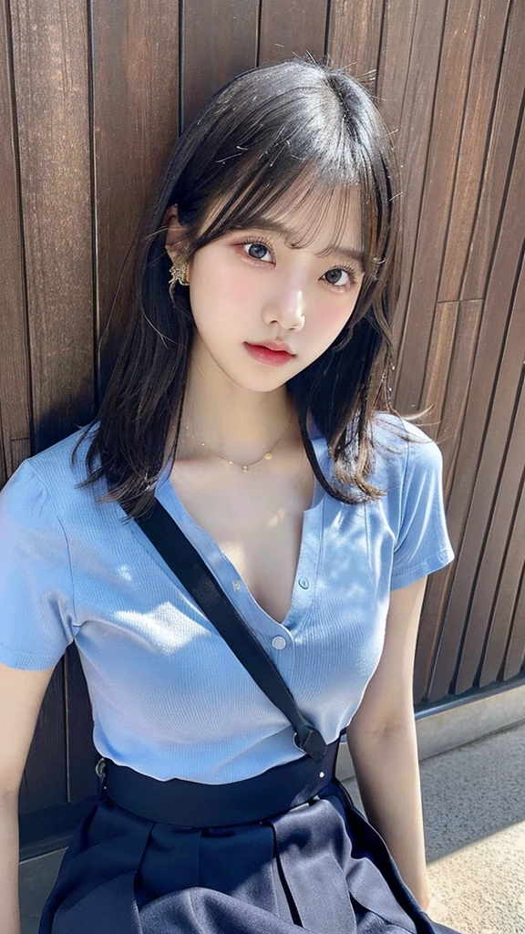 Blackpink&#39;s Kim Jennie with black hair, pale skin, japanese, con cara de doll, large eyes, fat and round lips, ojos de doll (doll), with black eyes, big chest.
blue shirt, thin straps, prominent neckline and big chest.
Black hair Sitting with view from above Provocative pose Japanese Little clothes, only shirt and skirt
