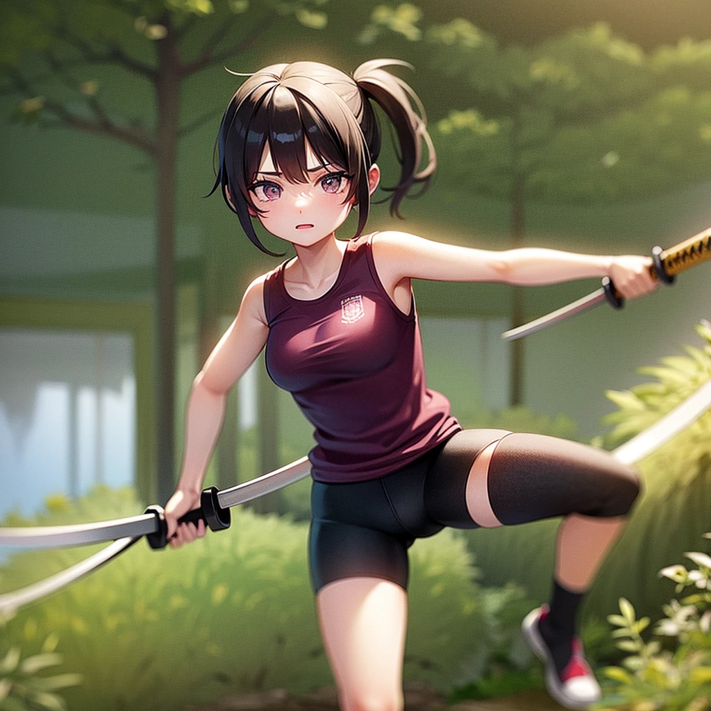 age woman training with a katana in the forest in 2d reality