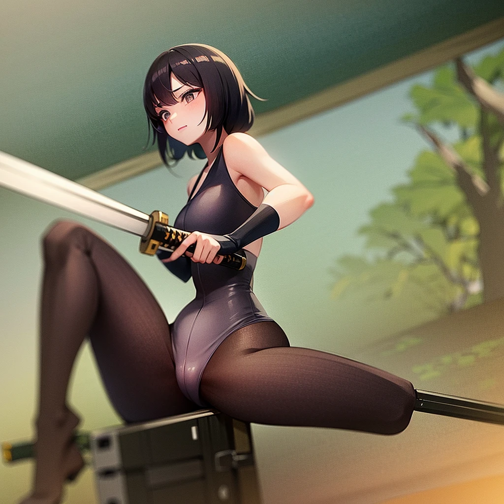 Teenage woman training with a katana in the forest in 2d reality