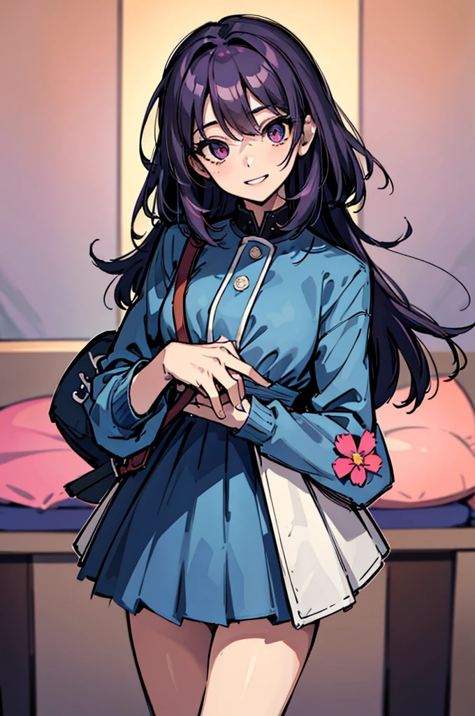 (absurdres, 8k, 4k, masterpiece, hyper extreme detailed:1.2), solo, 1girl, front view, perfect face, 1girl, portrait, looking at viewer, solo, standing, Female, Mature Female, expressive eyes, perfect face, dark purple hair, 1girl, messy hair, perfect anatomy, adult, standing, straight hair, pale, full body, medium hair, perfect anatomy, friendly, happy, good, good natured, kind, kindhearted, understanding, honesty, integrity, empathy, empathic, smile, nice, happy, expressive, cute, caring, Compassionate, Humility, Integrity, Forgiveness, forgiving, sparkling eyes, expressive eyes, hair covering forehead, swept bangs, medium bust, t-shirt, cute outfit, blue skirt, wholesome, Patience, love, loving, Generous, savior, saint, saintly, devoted, selfless, Positive, Encouraging, polite, courage, courageous, Considerate, unselfish, Diligent, warm, welcoming, Temperate, Cooperative, faithful, Imaginative, Fairness, fair, perfect, normal, 1girl, cutesy, pins, hairpins, bedroom background, colorful, backpack, flowers, flowers in hair, slender, slim, beautiful, wonderful, college student, warm smile, clasped hands, tilted head, hope, integrity, inspiring, benevolent, huggable, cute outfit, cute bag,

