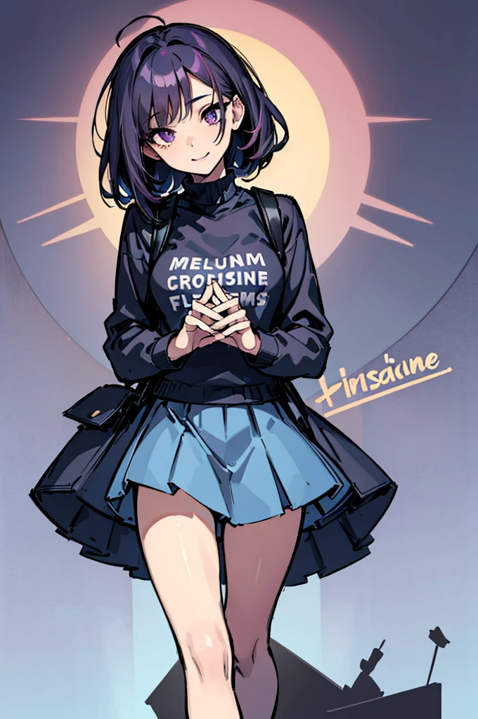 (absurdres, 8k, 4k, masterpiece, hyper extreme detailed:1.2), solo, 1girl, front view, perfect face, 1girl, portrait, looking at viewer, solo, standing, Female, Mature Female, expressive eyes, perfect face, dark purple hair, 1girl, messy hair, perfect anatomy, adult, standing, straight hair, pale, full body, medium hair, perfect anatomy, friendly, happy, good, good natured, kind, kindhearted, understanding, honesty, integrity, empathy, empathic, smile, nice, happy, expressive, cute, caring, Compassionate, Humility, Integrity, Forgiveness, forgiving, sparkling eyes, expressive eyes, hair covering forehead, swept bangs, medium bust, t-shirt, cute outfit, blue skirt, wholesome, Patience, love, loving, Generous, savior, saint, saintly, devoted, selfless, Positive, Encouraging, polite, courage, courageous, Considerate, unselfish, Diligent, warm, welcoming, Temperate, Cooperative, faithful, Imaginative, Fairness, fair, perfect, normal, 1girl, cutesy, pins, hairpins, bedroom background, colorful, backpack, flowers, flowers in hair, slender, slim, beautiful, wonderful, college student, warm smile, clasped hands, tilted head, hope, integrity, inspiring, benevolent, huggable, cute outfit, cute bag,