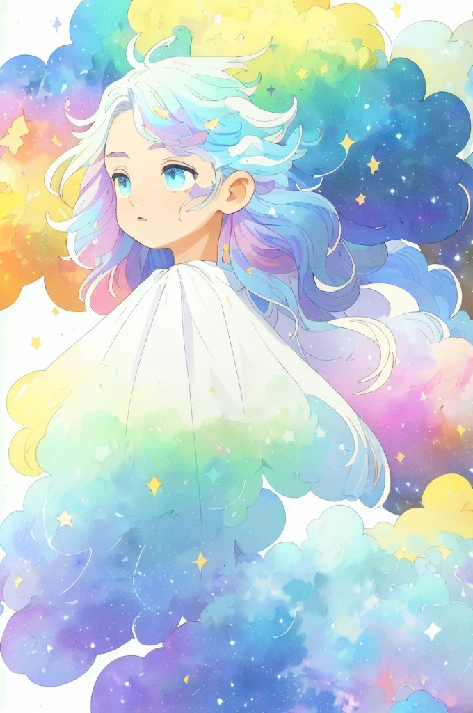 ((masterpiece)), (((best quality))), ((ultra-detailed)), ((illustration)),[realism light effect],shadow,(Fantasy style),(white background:1.6), simple background, (earth theme),(a cloak)[(hair focus,((1girl)),[(big slime hair): (cloud hair):0.3], (hair on background),(high saturation),(hair surrounded by galaxy splashes),)):((her hair is becoming galaxy clouds,:1.27628), (hair and clothes is galaxy clouds and cluster of stars:1.1025),(a cloak is becoming galaxy clouds)(colorful_galaxy_print_clusters_of_stars_print:1.35),((detailed starry sky with colorful galaxy and galaxy clouds):1.2)):0.35], (((masterpiece))),(((best quality))),((ultra-detailed)),(illustration),(dynamic angle),((floating)),(paint),((disheveled hair)),((beautiful detailed face)),collar,bare shoulders, ((colorful hair)),((streaked hair)),beautiful detailed eyes,(Gradient color eyes),(((colorful eyes))),(((colorful background))),(((high saturation))),(((surrounded by colorful splashes))),(((surrounded by colorful dot))),colorful bubble,((shining)),