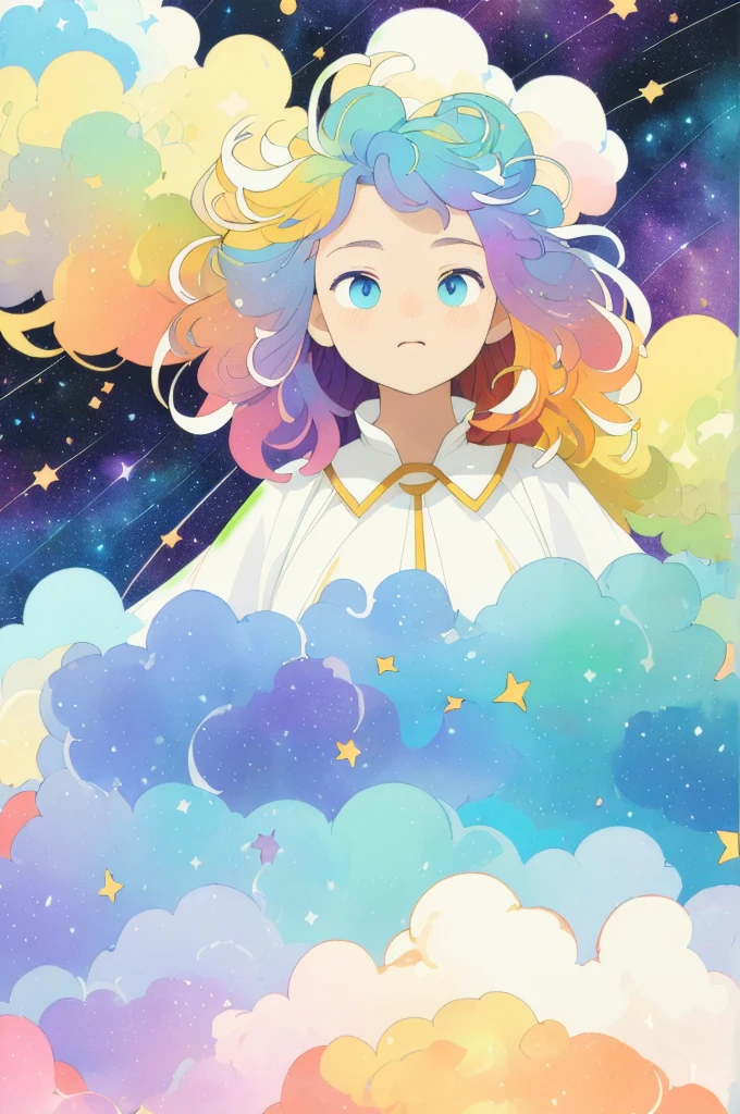 ((masterpiece)), (((best quality))), ((ultra-detailed)), ((illustration)),[realism light effect],shadow,(Fantasy style),(white background:1.6), simple background, (earth theme),(a cloak)[(hair focus,((1girl)),[(big slime hair): (cloud hair):0.3], (hair on background),(high saturation),(hair surrounded by galaxy splashes),)):((her hair is becoming galaxy clouds,:1.27628), (hair and clothes is galaxy clouds and cluster of stars:1.1025),(a cloak is becoming galaxy clouds)(colorful_galaxy_print_clusters_of_stars_print:1.35),((detailed starry sky with colorful galaxy and galaxy clouds):1.2)):0.35], (((masterpiece))),(((best quality))),((ultra-detailed)),(illustration),(dynamic angle),((floating)),(paint),((disheveled hair)),((beautiful detailed face)),collar,bare shoulders, ((colorful hair)),((streaked hair)),beautiful detailed eyes,(Gradient color eyes),(((colorful eyes))),(((colorful background))),(((high saturation))),(((surrounded by colorful splashes))),(((surrounded by colorful dot))),colorful bubble,((shining)),