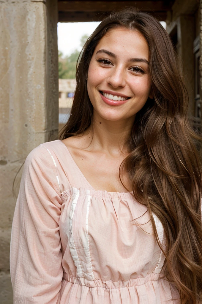 a photo-realistic portrait of a beautiful Palestinian woman with long brown hair, red shirt, white teeth, and a cute smile, with highly detailed and realistic facial features, modest expression, and realistic white skin tone