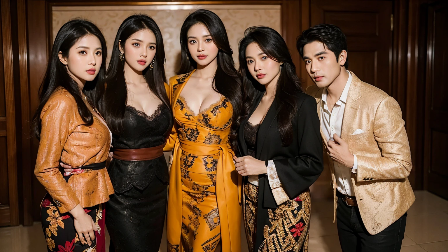 Potrait of 3 wife Indonesian girl and ((1 man husband wearing coat )), Polygamy,long fashion hair, fit body, small cleavage, skintight black lace sexy kebaya, batik skirt, masterpiece, highly detailed, ultra hd, 8k, detailed face, bright eyes, perfect eyes, detailed skin texture, detailed lips, sexy lips, perfect hands, dynamic angle, cowboy shot, rich family