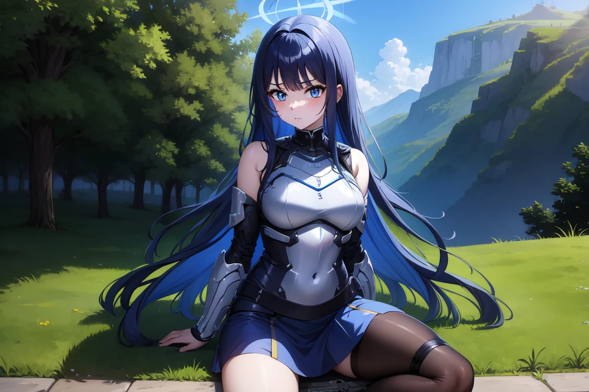 1girl,solo, saorijoumae, saori joumae, blue eyes, blue hair, halo, long hair, sitting, looking at viewer, adventurer clothes, light armor, horns, outdoors